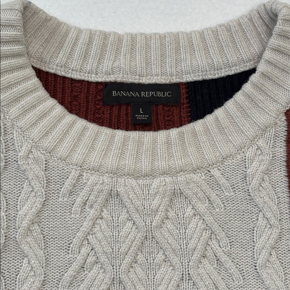 Banana Republic Large Colorblock Cable Knit Sweater Cream Navy Rust Wool Blend - Picture 3 of 7